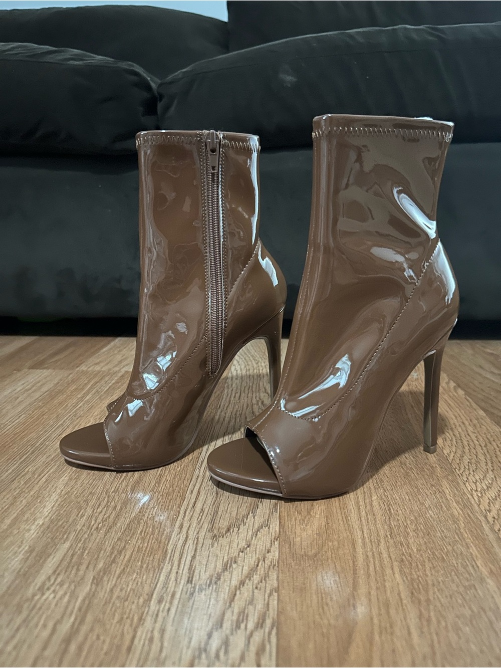 Steve Madden Brown Patent Peep-Toe Stiletto Ankle Boots